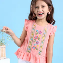 Babyhug 100% Rayon Woven Half Sleeves Crinkle Crepe  Woven Top with Frill and Floral Embroidery Detailing - Peach-picture-21