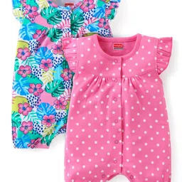Babyhug 100% Cotton Frill Sleeves Romper Polka Dots & Floral Print Pack of 2 - Multicolour-image-90