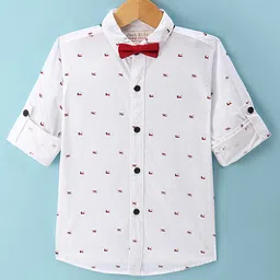 Jash Kids Cotton Woven Full Sleeves Printed Shirt With Bow - Off White-picture-15