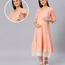 Dummy Shape Three Fourth Sleeves Textured Lace Work Detailed Flared Maternity Kurta With Concealed Zipper Nursing Access - Orange-picture-12