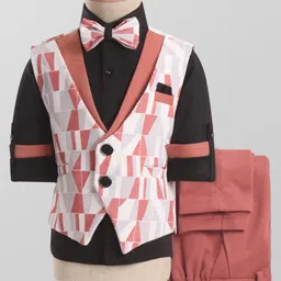Rikidoos Full Sleeves Solid Shirt With Abstract Printed Waistcoat Pant & Bow Set - Dark Peach & Black-picture-33
