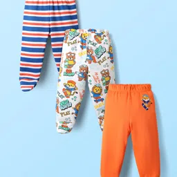 Babyhug Cotton Knit Striped & Animal Printed Bootie Leggings Pack of 3 - Orange White & Navy Blue-picture-29