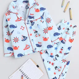 Knitting Doodles Pure Cotton Woven Full Sleeves Nautical Theme Printed Coordinating Shirt & Pajama Set - Blue-picture-14