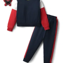 Tiara 100% Cotton Jersey Knit Full Sleeves Colour Blocked Sweatshirt & Joggers With Butterfly Hairband Set - Navy Blue-picture-17