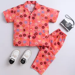 The Magic Wand Cotton Woven Half Sleeves Donuts Printed Coordinating Night Suit Set - Orange-picture-12