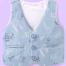 Babyhug Woven Full Sleeves Text Printed 3 Piece Party Suit with Bow Suspender & Hat - Light Blue image 2