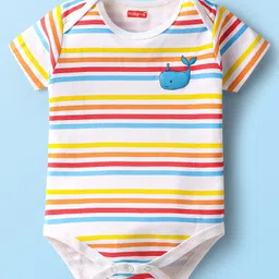 Babyhug 100% Cotton Knit Half Sleeves Onesies With Text Graphics Pack Of 3 - Blue Red & White image 2