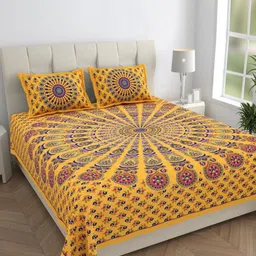 HOMELINE Yellow Ethnic Motifs Printed Pure Cotton 144 TC King Bedsheet Set 2.28m x 2.62m-image-38