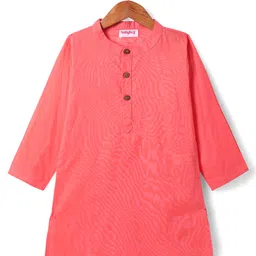 Babyhug Cotton Woven Full Sleeves Solid Kurta Pyjama Set with Leaf Printed Jacket - Coral image 3