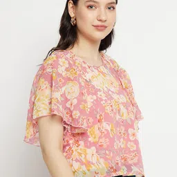 Bitterlime Floral Print Flared Sleeve Georgette Crop Top image 3