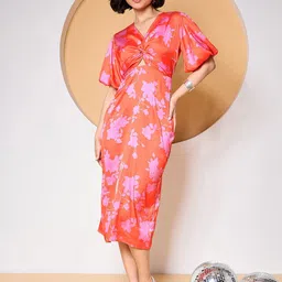 ZUMMER Front Twisted Floral Printed Puff Sleeve Satin Sheath Midi Dress image 3