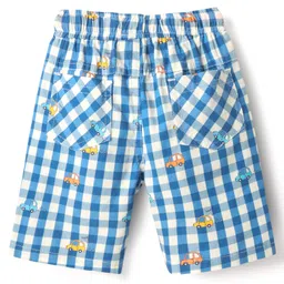 Babyhug Single Jersey Knit Half Sleeves T-Shirt & Checks Shorts Set With Car Embroidery - Red & Blue image 5