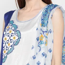 AURELIA Women White & Blue Embroidered Kurta with Churidar & Dupatta image 3