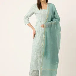 MISRI Embroidered Regular Beads & Stones Pure Cotton Kurta With Palazzos & Dupatta-image-12