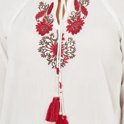 Styli Women Off White Embroidered Panel Tie-Up Neck Top image 3