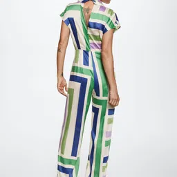 MANGO Off White & Blue Shawl Neck Printed Basic Jumpsuit image 3