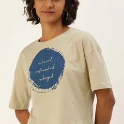 Flying Machine Women Beige Printed Round Neck Pure Cotton T-shirt-picture-34