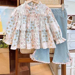 Xsole Girls Floral Printed High Neck Top With Jeans-picture-48