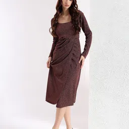 Kibo Women Square Neck Side Slits Pleated Detail Sheath Midi Dress-picture-36