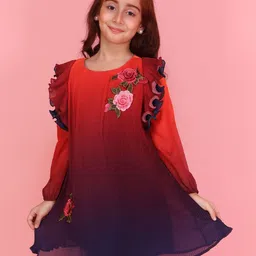 CUTECUMBER Girls Floral Embroidered Puff Sleeve Ruffled A-Line Dress-image-0