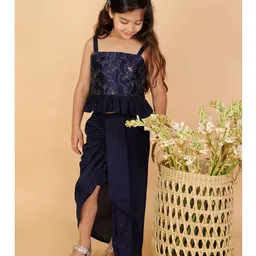 Vastramay Sleeveless Floral Embroidered Peplum Top With Dhoti Mock Styled Front Slit Lehenga - Navy Blue-image-39