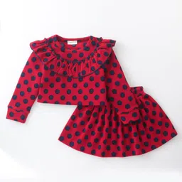 Crayonflakes Polka Polar Full Sleeves Seamless Polka Dot Designed Frill Detailed Top With Coordinating Skirt - Red-image-13