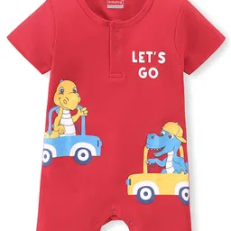 Babyhug 100% Cotton Knit Interlock Half Sleeves Romper With Dino Print - Red-picture-14
