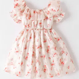 Kookie Kids Half Sleeves Party Frock with Floral Applique & Bow Detailing - Beige-picture-19