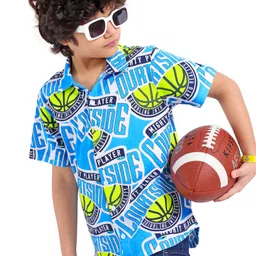 Ollington St. 100% Cotton Knit Half Sleeves Shirt With Basketball Print  Blue-image-41