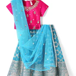 Babyhug Woven Short Sleeves Sequined Embroidered & Foil Floral Printed Choli Lehenga Set with Dupatta & Lace Detailing - Light Blue-picture-22