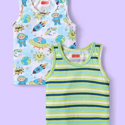 Babyhug 100% Cotton Knit Sleeveless Sando with Stripes & Space Print Pack of 2 -Light Blue & Green image 1