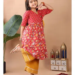 Kinder Kids Cotton Three Fourth Sleeves Floral Printed Angrakha Style Kurta With Palazzo Set - Red & Yellow-picture-12