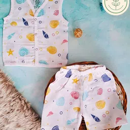 A Toddler Thing 100% Muslin Organic Cotton Sleeveless Sea Shells Printed Jabla & Coordinating Shorts Set - White-image-85