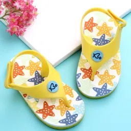 Babyoye Flip Flops with Velcro Closure & Star Print - White & Yellow image 1