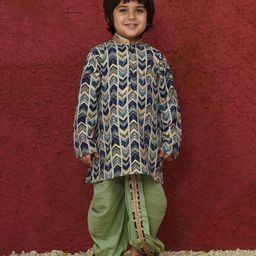 AJ Dezines Cotton Woven Full Sleeves Abstract Printed & Gota Lace Embellished Kurta & Dhoti Set - Pista-picture-0