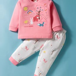 Zero Sinker Knit Full Sleeves Night Suit With Animal Print - Pink & White-picture-21