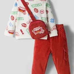 WOW Clothes Cotton Knit Full Sleeves Text Printed T-Shirt & Corduroy Trouser Set with Sling Bag - Rust Orange & White-image-27