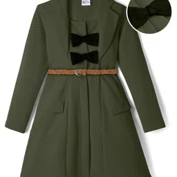 Hola Bonita Knit Three fourth Sleeves Dress and Belt with Bow Applique - Olive Green-picture-19