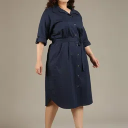 The Pink Moon Women Navy Cotton Shirt Collar Roll-Up Sleeves Belted Detail Shirt Dress image 3