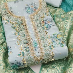 Maroosh Floral Woven Design Beads & Stones Unstitched Dress Material image 4