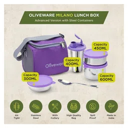 oliveware SOPL-OLIVEWARE Milano Lunch Box, Leak Proof, 3 Stainless Steel Containers with BPA Free Lids (300ml, 450ml, 600ml), Steel Spoon & Tumbler (400ml), Fabric Bag - Voilet image 3