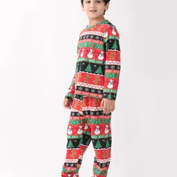 Anthrilo 100% Cotton Knit Christmas Theme Full Sleeves Snowman Printed Coordinating Night Suit Set - Red image 4