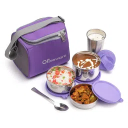 oliveware SOPL-OLIVEWARE Milano Lunch Box, Leak Proof, 3 Stainless Steel Containers with BPA Free Lids (300ml, 450ml, 600ml), Steel Spoon & Tumbler (400ml), Fabric Bag - Voilet image 4