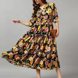 Krunal Raiyani Floral Printed Smocked Tiered Crepe Fit & Flare Midi Dress-image-71