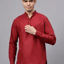 The Anchi Store Mandarin Collar Roll-Up Sleeves Cotton Kurta-image-8