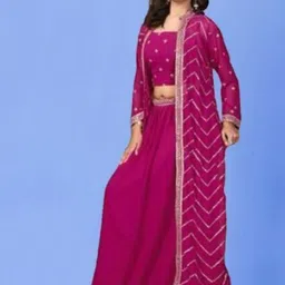 PARROT CREATION Floral Embroidered Crop Top With Shrug & Skirt-picture-14