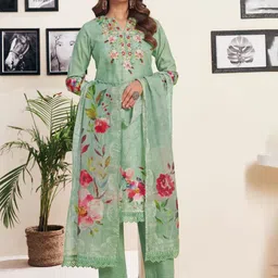 RAGHVENDRA TEXTILES Floral Printed Notch Neck Straight Kurta With Trouser & Dupatta-picture-42
