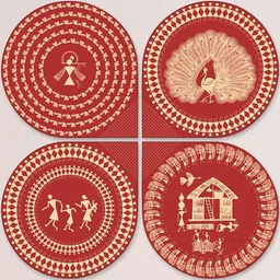 ArtVibes Red 4 Pieces Printed Warli Decorative Wooden Decals and Stickers image 5