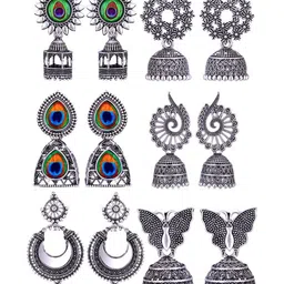 Sangria Set Of 6 Silver-Plated Stones-Studded & Beaded Dome Shaped Jhumkas-image-86