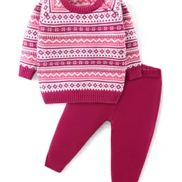 Babyhug Knitted Full Sleeves Pullover Sweater Set with Aztec Design - Pink-picture-35